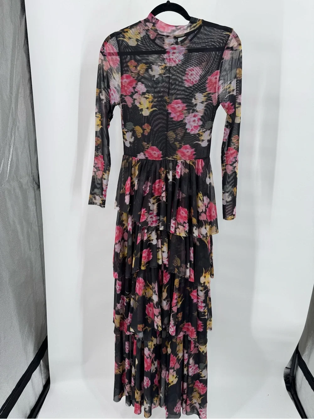 Ted Baker Sheer Floral Tiered Long-Sleeve Midi Dress in Black and Pink